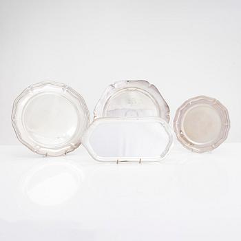 Three silver plates and a tray, Turku and Hämeenlinna, Finland 1956-95.
