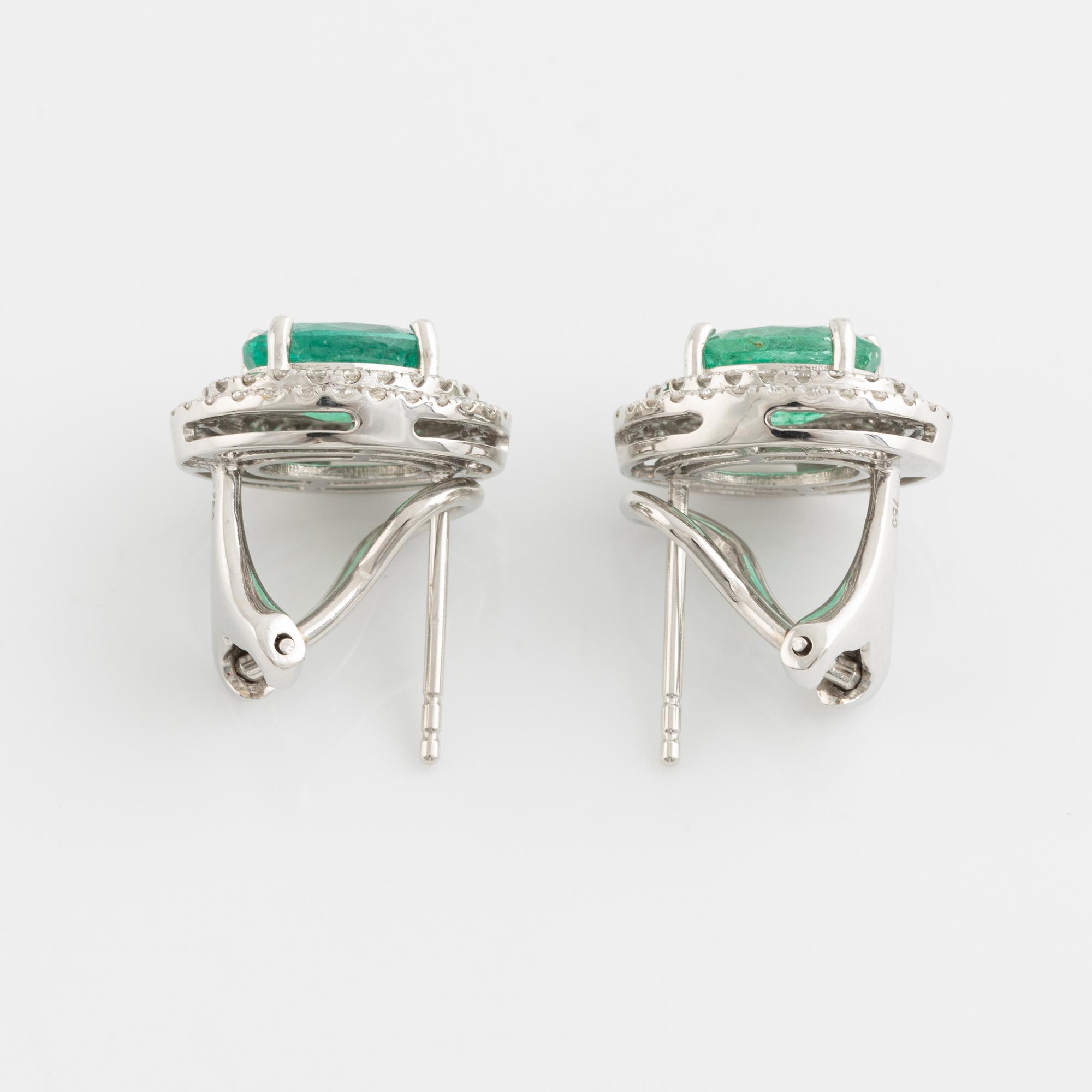 Emerald and brilliant cut diamond earrings.