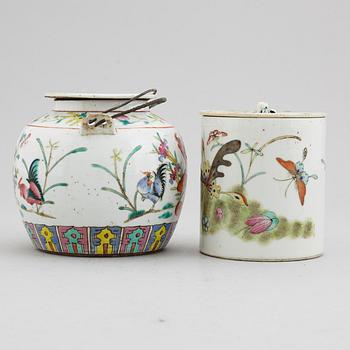 A famille rose table lamp made out of a lantern, and a teapot, dish and jar, late Qing dynasty.