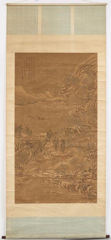 A hanging scroll of a river and mountain landscape in the style of Liu Songnian (1155-1218), Qing dynasty, 19th century.