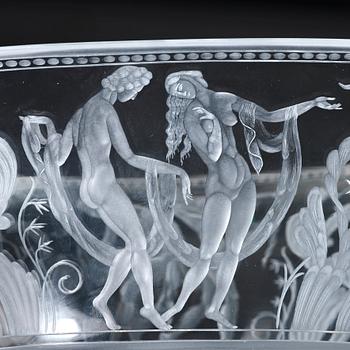 Simon Gate, an engraved glass bowl and stand, Orrefors, Sweden  1924, model 147.