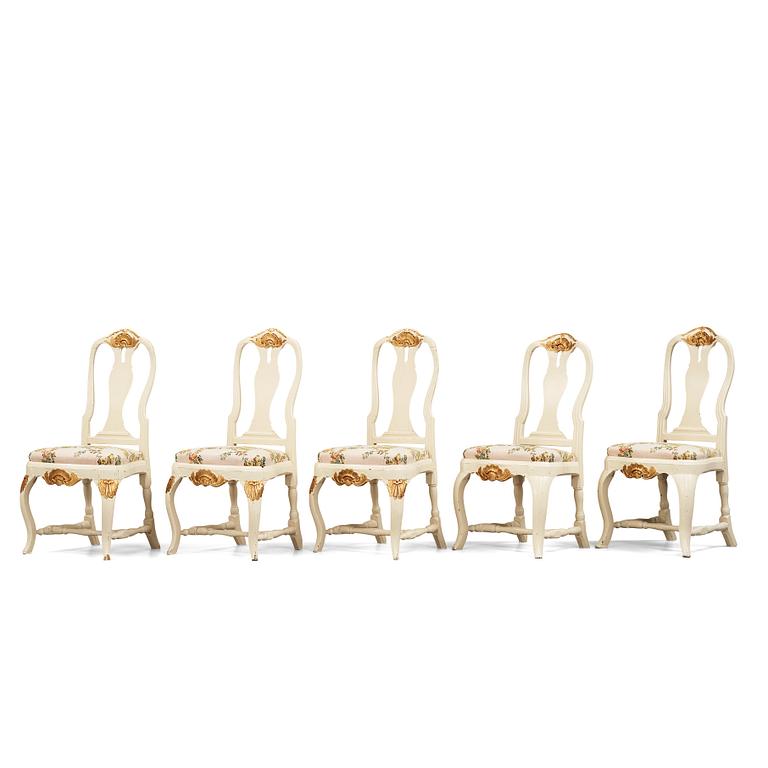 A set of five Swedish rococo chairs. (3+2).