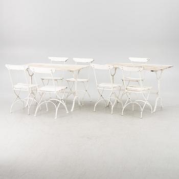 A set of seven garden chairs and two tables Byarums bruk, later part of the 20th century.