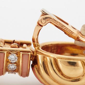 A pair of 18K gold Boucheron earrings set with round brilliant-cut diamonds and coral.
