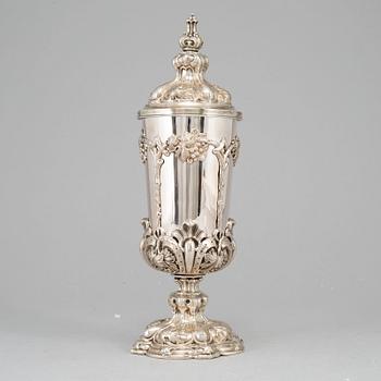 A German mid 19th century parcel-gilt silver cup and cover, marked Fürth.