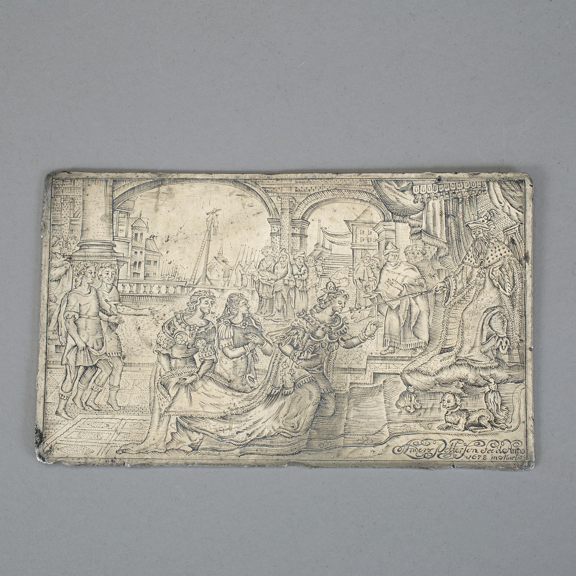 GRAVERAD TENNPLÅT, med påskrift Anders Petterson, 1678.