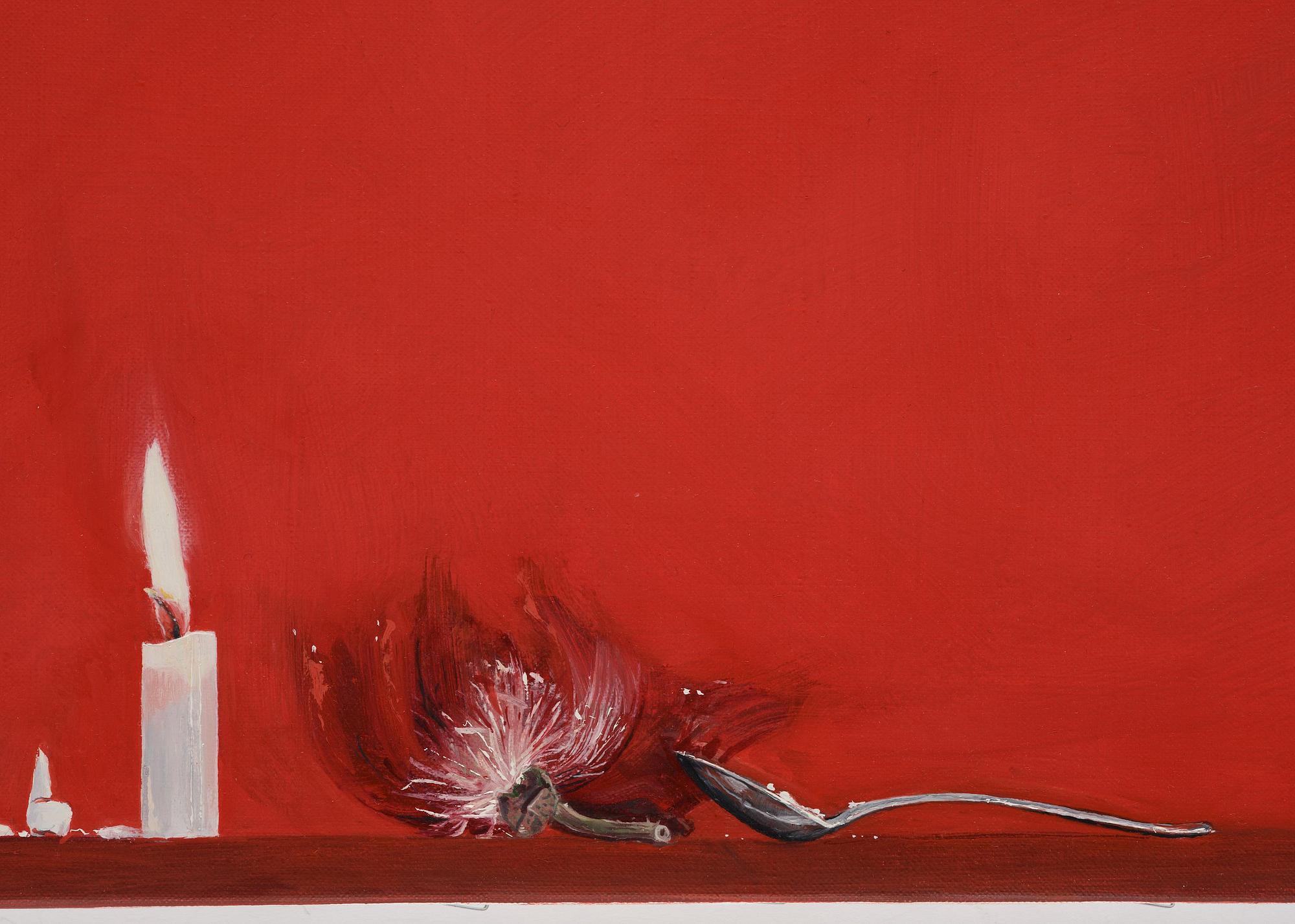 Ylva Snöfrid, “Xenia with candle, cut poppy capsule, poppy flower, spoon with heroin and wisdom teeth”.
