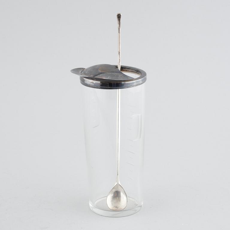 Cocktail jug and stirrer in glass and silver by Anton Michelsen, Denmark, mid/third quarter of the 20th century.