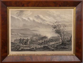 RAMAR, ett par, mahognyfanerade, delvis förgyllda, med LITOGRAFIER, 2 st, 1800-talets mitt.