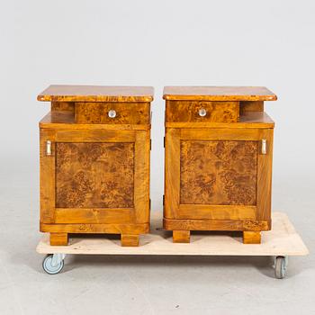 A pair of Art Deco 1930/40s root veneer bedside tables.
