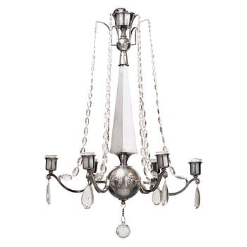 478. An Elis Bergh silver plated Swedish Grace chandelier, C.G. Hallberg, Stockholm 1920's.