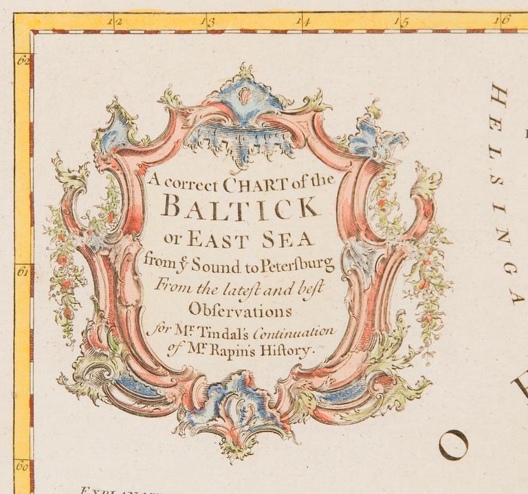 MERIKORTTI, käsinväritetty kuparipiirros, Nicholas Tindal (1687-1774) & Paul de Rapin (1661-1725), Lontoo noin 1760.