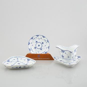 Two dishes and a sauce bowl, porcelain, "Blue fluted" / "Musselmalet", Royal Copenhagen, part 19th century.