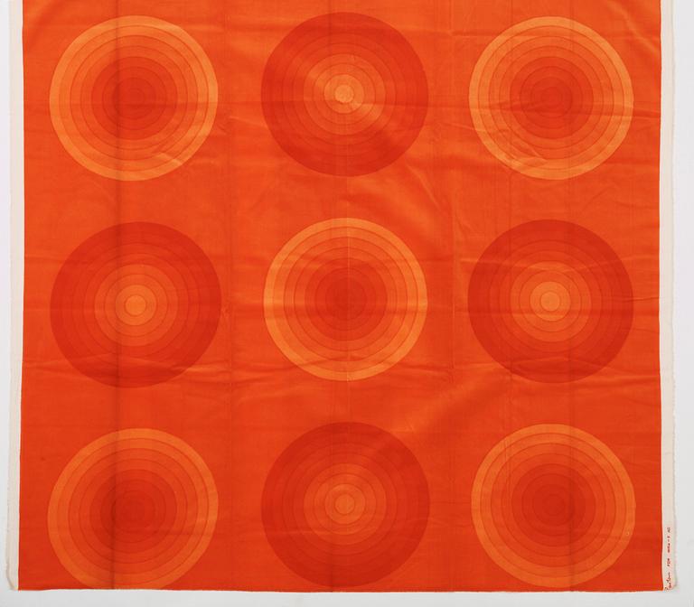 Verner Panton, CURTAINS, 2 PIECES, AND SAMPLERS, 11 PIECES.  Cotton velor. A variety of orange nuances and patterns. Verner Panton.