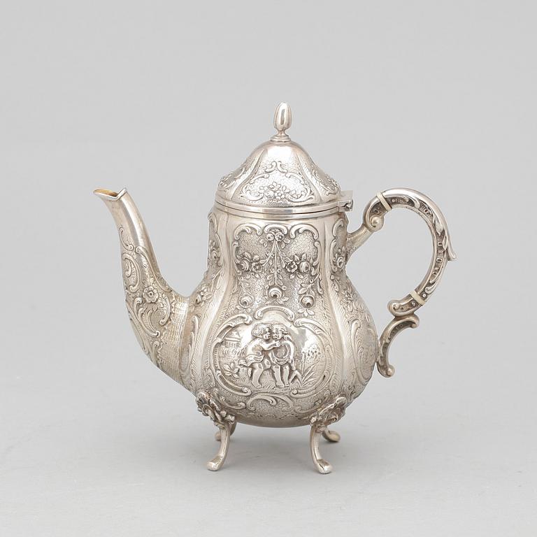 KAFFESERVIS, 4 delar, silver, rokokostil, bla Tyskland, svenska importstämplar. Tot ca 570 gram.