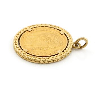 Gold coin, France, Napoleon III, 20 Francs, 1858, set in an 18-carat gold surround.