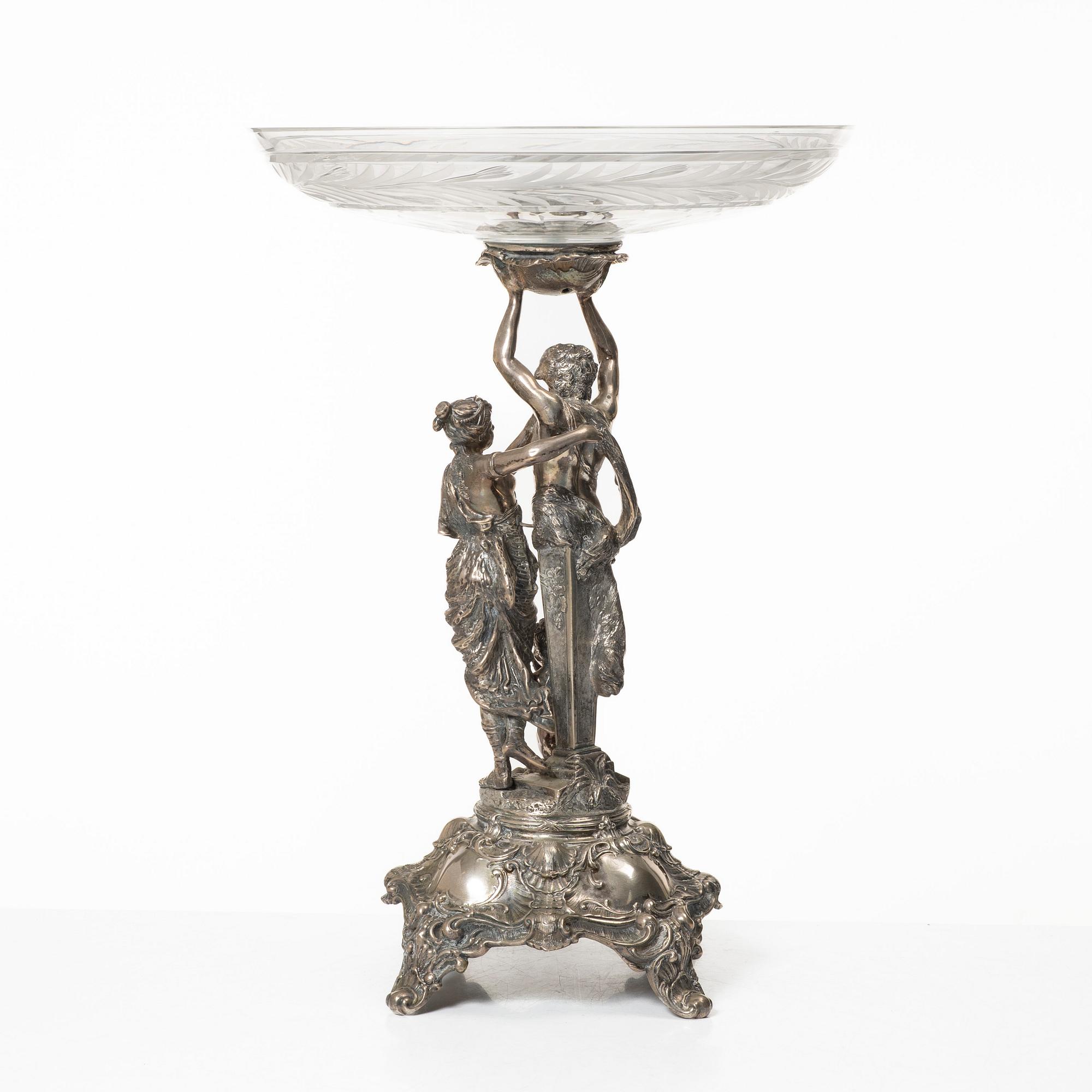 A silver and glass Rococo style centerpiece, Lale Silverware & Co Ltd, Istanbul, Turkey, 20th century.