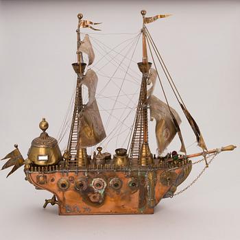 A copper and brass ship model signed B.O. -74.