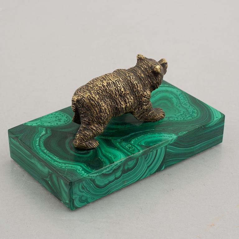 A Nicholas II malachite-veneered and bronze paperweight, late 19th century.