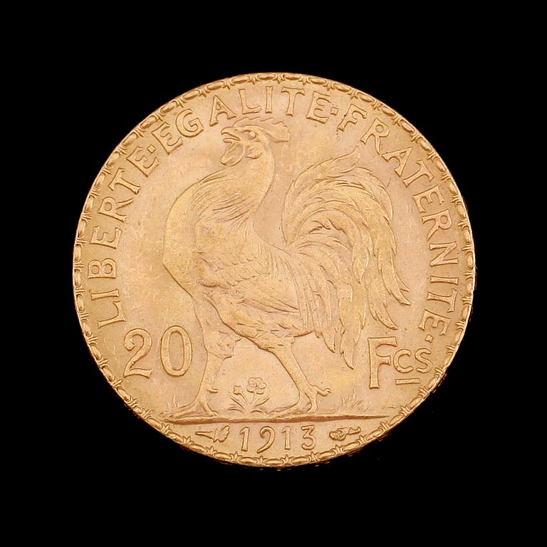 GULDMYNT, 20 franc, Frankrike, 1913. Vikt ca 6 gram.
