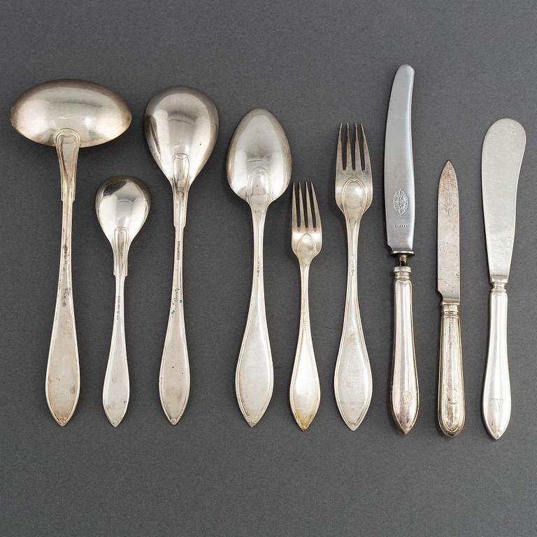 BESTICKSERVIS, silver, 56 delar, "Svensk spetsig" olika smeder, 1900-tal.