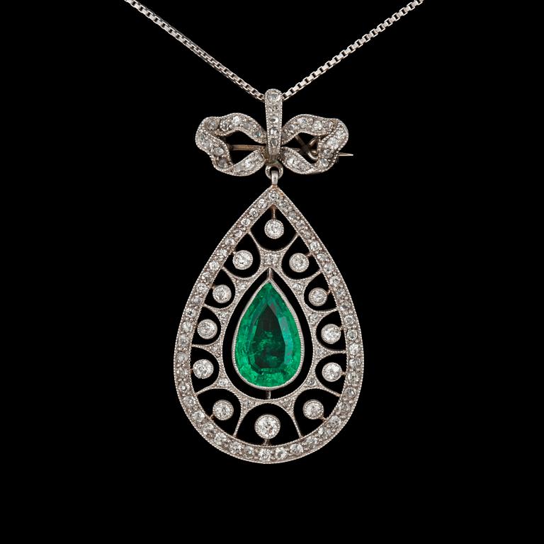 A drop shaped emerald and old-cut diamond, circa 1.20 cts, pendant and brooch, with chain.