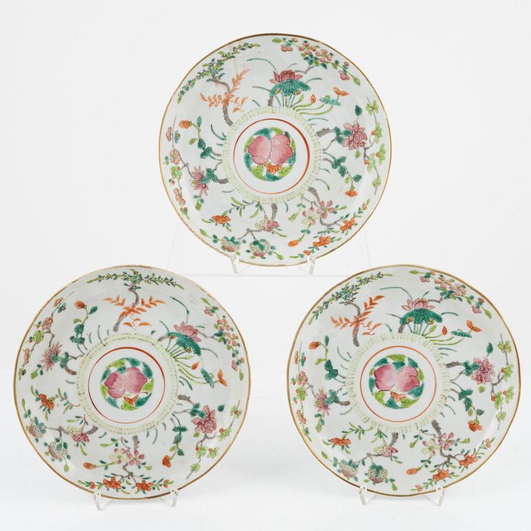 A set of three famille rose plates, Qing dynasty, circa 1900.