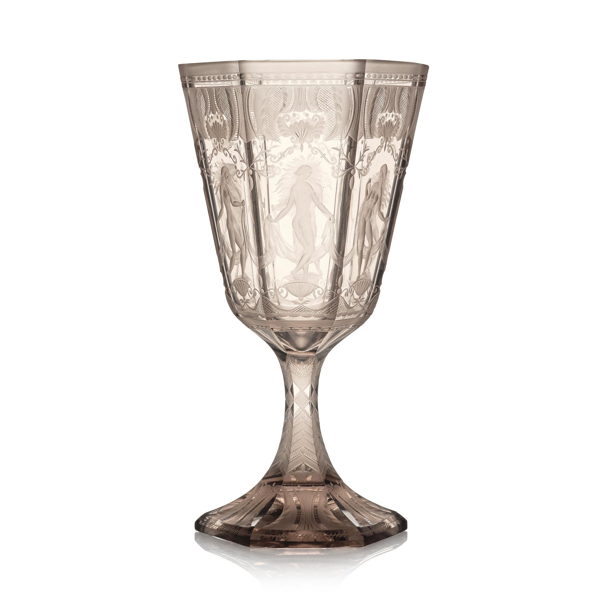 Simon Gate, pokal, graverat glas, "Sex Gracer", Orrefors, 1927.