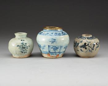 Three blue and white jars, Yuan/Ming dynasty.