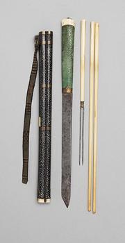 An ivory and shagreen chopstick holder, also with knife and fork, Qing dynasty (1644-1911).