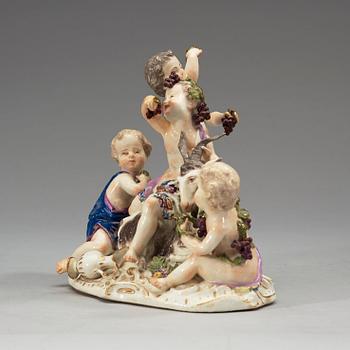 A set of four Meissen allegorical figure groups, 18th Century, three of them with the Marcolini mark (1774-1814).