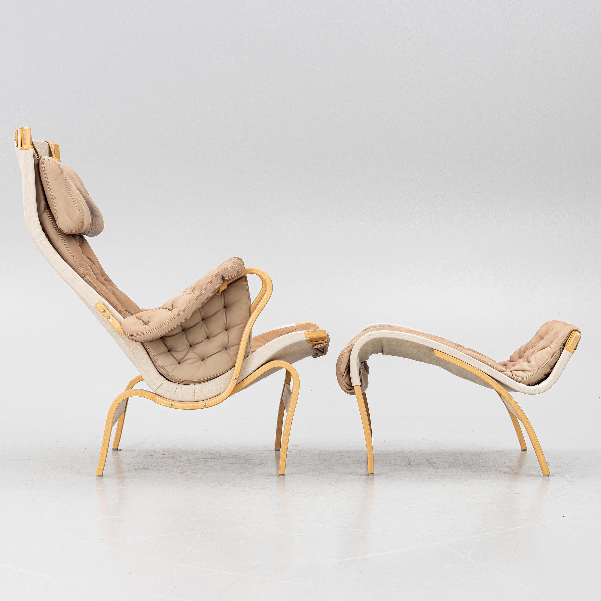 Bruno Mathsson, a 'Pernilla' armchair and ottoman, Dux.