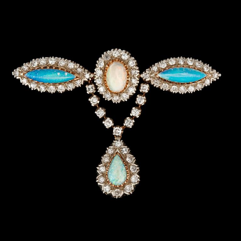 A opal and old-cut diamond brooch.