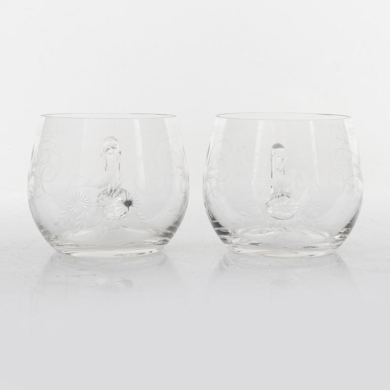 A punch bowl and mugs, glass, mid 20th century.