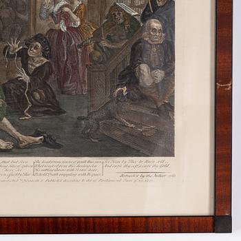 William Hogarth, efter, åtta stycken kolorerade etsningar och gravyrer.