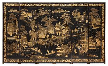 465. A black and gold lacquered six fold screen, late Qing dynasty, ca 1900.