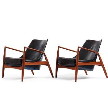 532. Ib Kofod Larsen, a pair of black leather 'Sälen' easy chairs, Olof Perssons Fåtöljindustri (OPE), Sweden 1950s-60s.