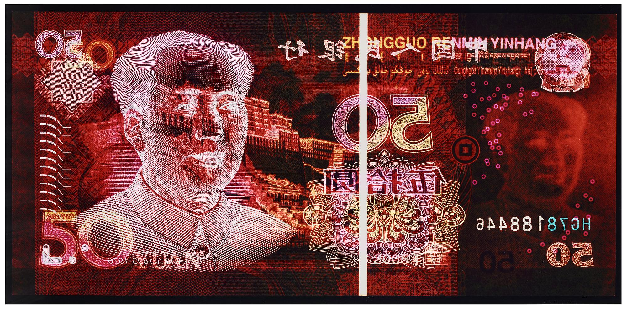 David LaChapelle, "Negative Currency: 50 Yuan used as Negative", 2010.