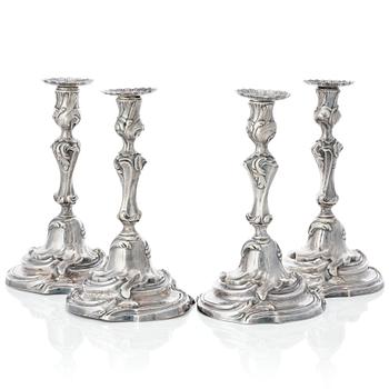 184. Four Swedish Rococo silver candlesticks, mark of Arvid Floberg, Stockholm 1768 and 1779.