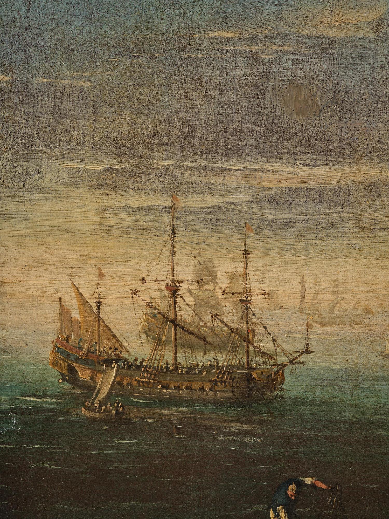 Salvator Rosa, Harbour scene with figures and boats.