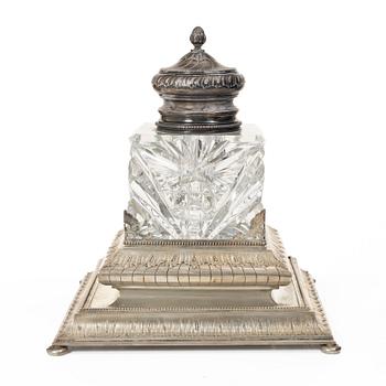 A Russian inkwell, silver and glass, Morozov, St. Petersburg, Russia, turn of the 20th century.