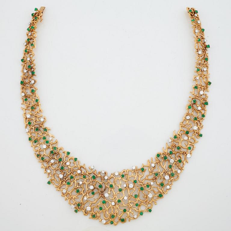 A emerald and brilliant cut diamond necklace by Gilbert Albert, Geneve, Zürich.