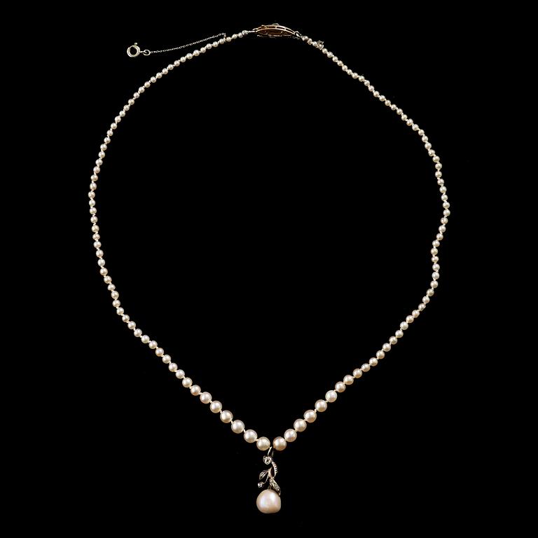PÄRLCOLLIER med doserade, förmodligen orientaliska, pärlor, med pärl- och diamanthänge.