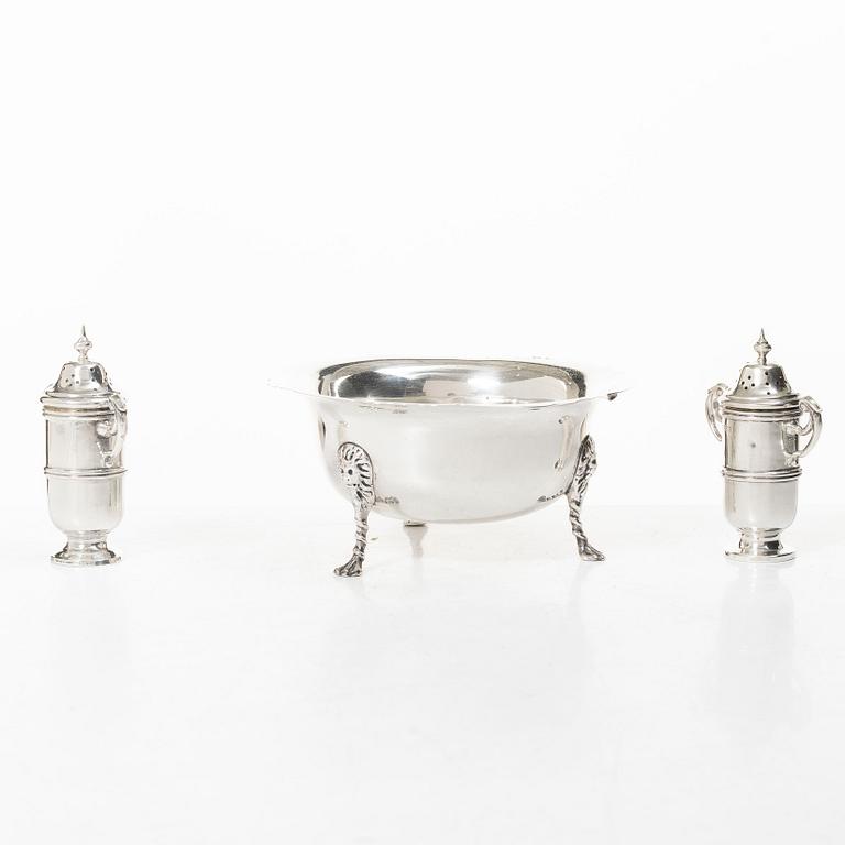 Bowl, along with salt and pepper shakers, silver, including mark of Wakely & Wheeler, Dublin 1910.