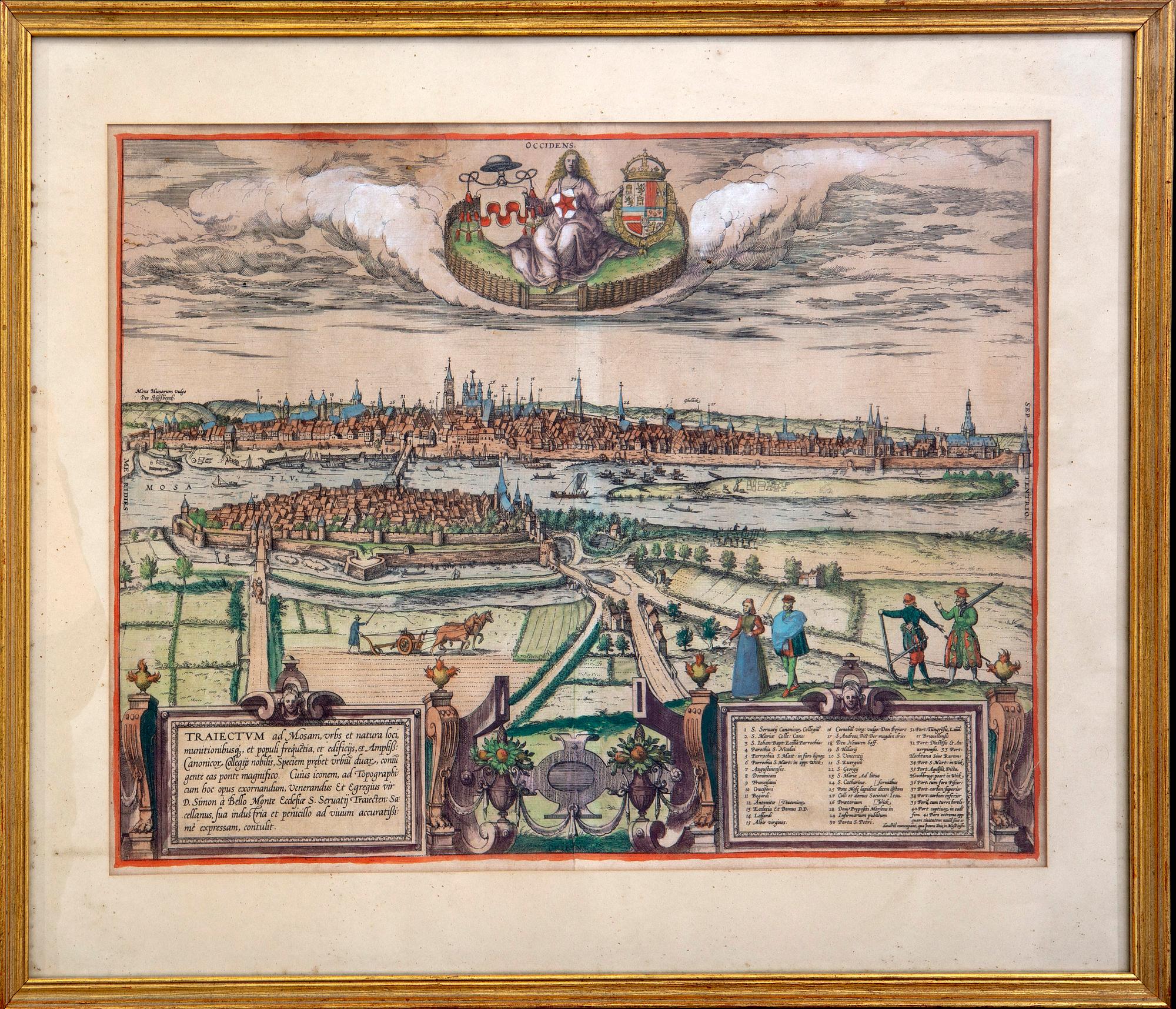Georg Braun & Franz Hogenberg, Zamosc Maastricht, hand colored engravings, Cologne c 1575.