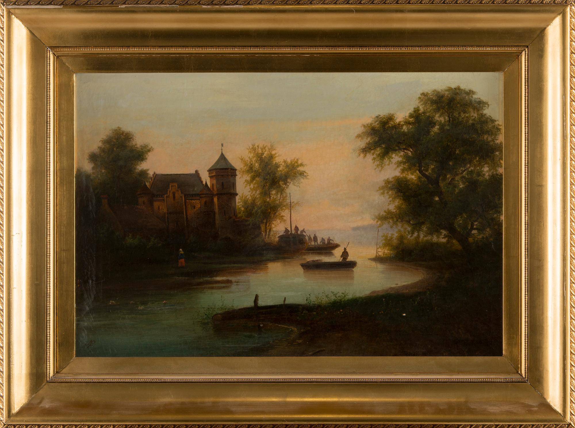 Skymningslandskap med figurstaffage.