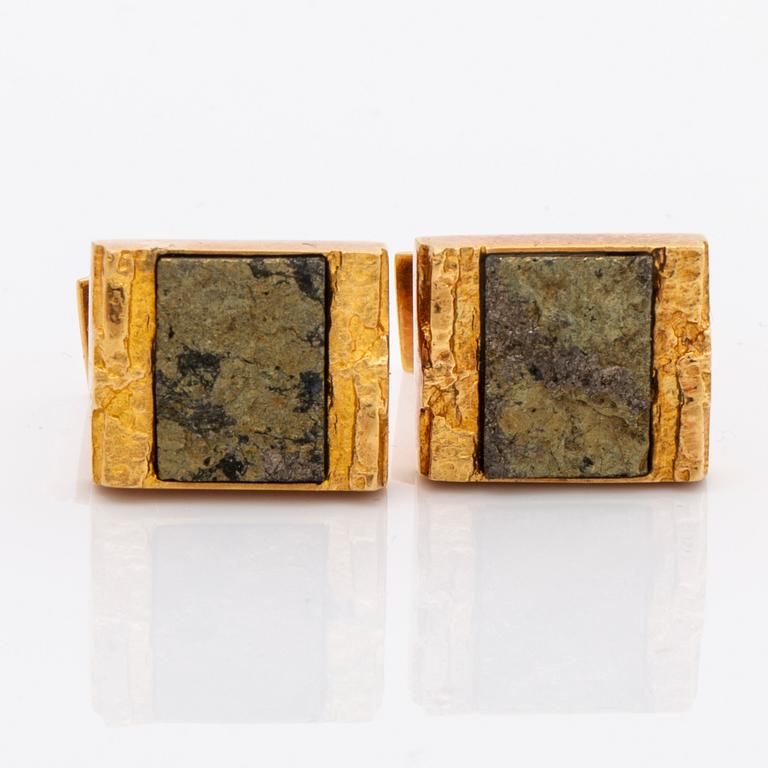 LAPPONIA 18K gold and copper ore, set of ring cufflinks and tie-pin, total weight 33,0 g, Finland 1988, design"Guldsten".
