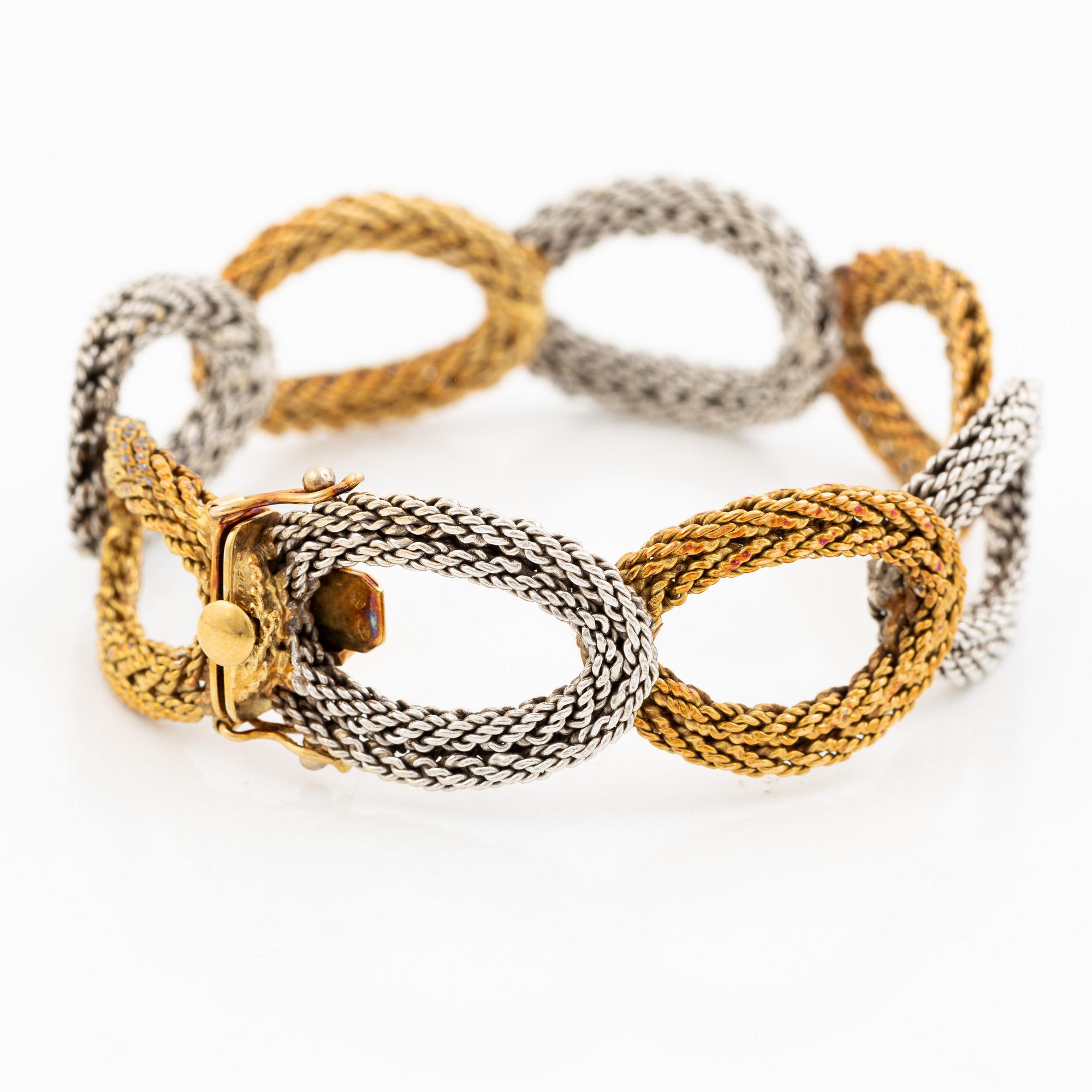Armband 14K tvåfärgat guld i form av flätade ovala länkar, omkring ca 1950-70-tal.