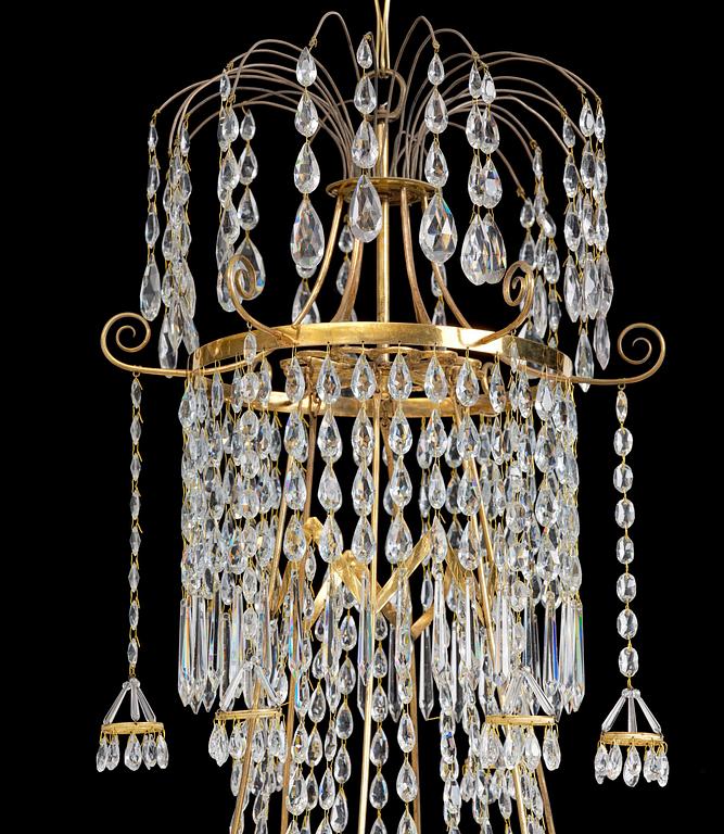 A late Gustavian gilt brass and cut glass seven-light chandelier, Stockholm, late 18th century.