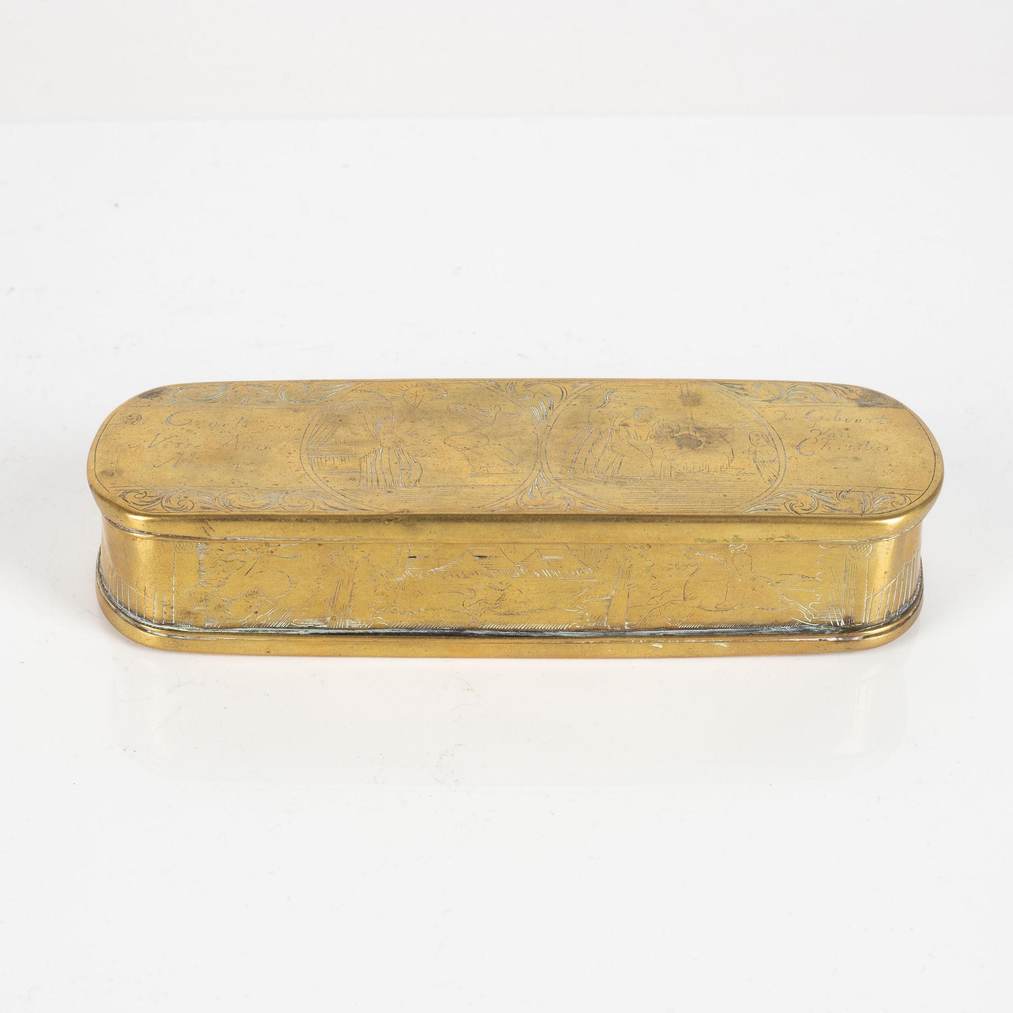 A dutch engraved brass snuffbox, 18th century.